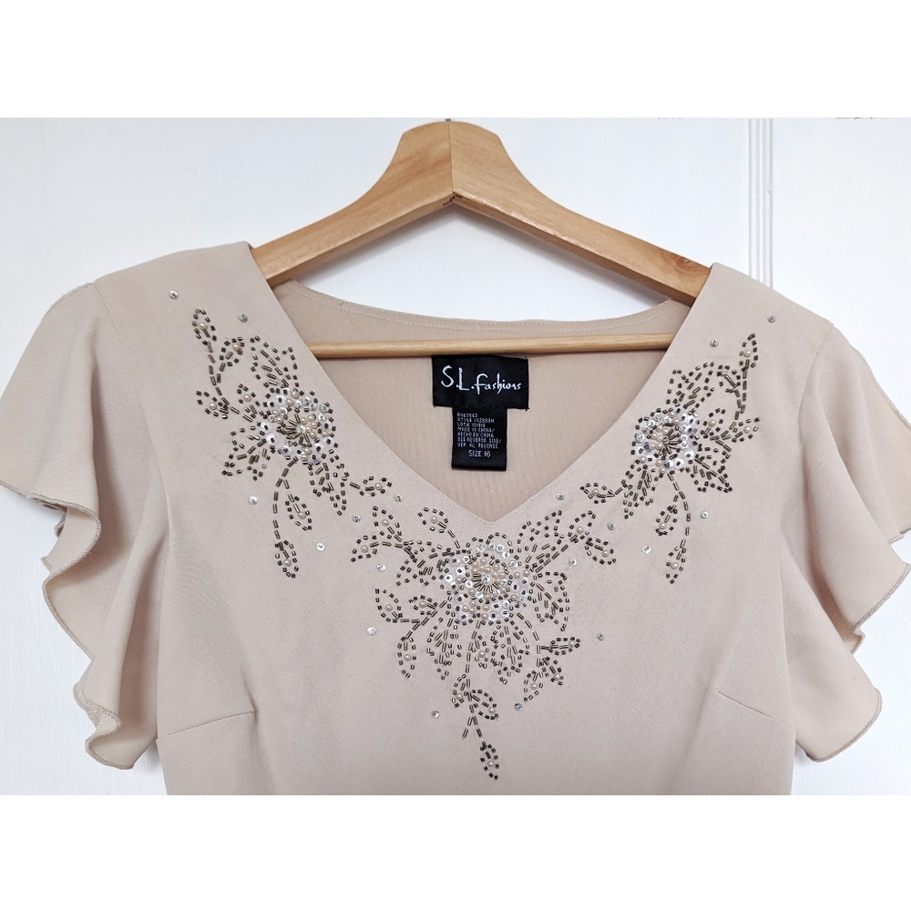 S.L. Fashion Cream Beaded Flutter Sleeve Midi Cocktail Dress Size 16 - Picture 2 of 10